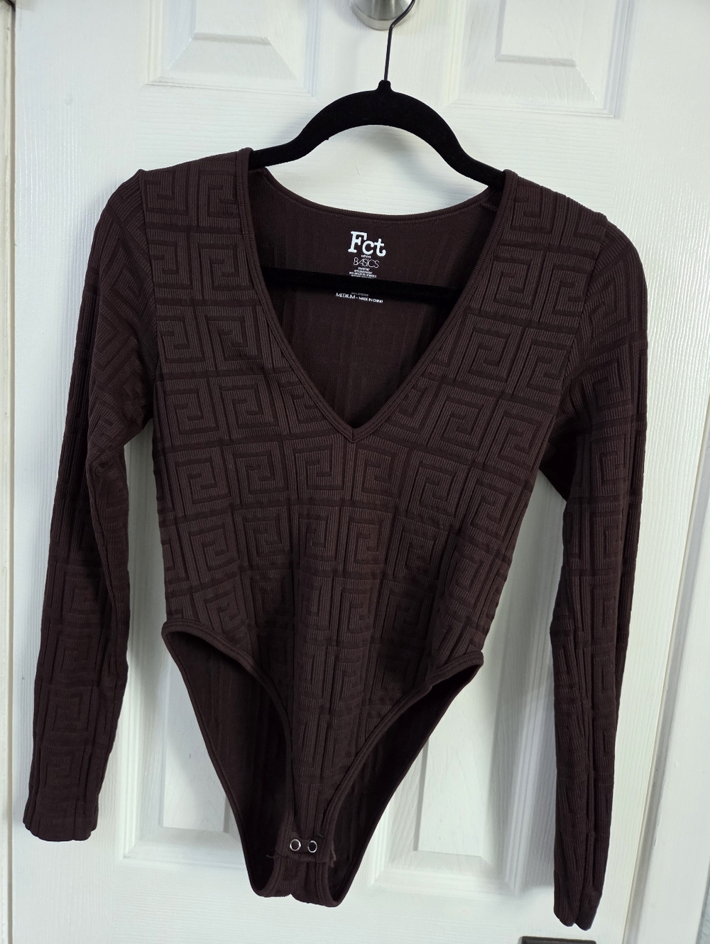 Fct Brown Long-Sleeve V-Neck Textured Bodysuit